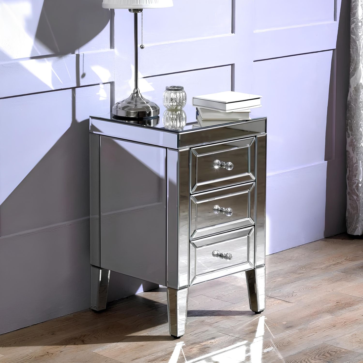 Valencia Mirrored Bedside Table – 3 Drawers – Plain or Crushed Diamond Finish