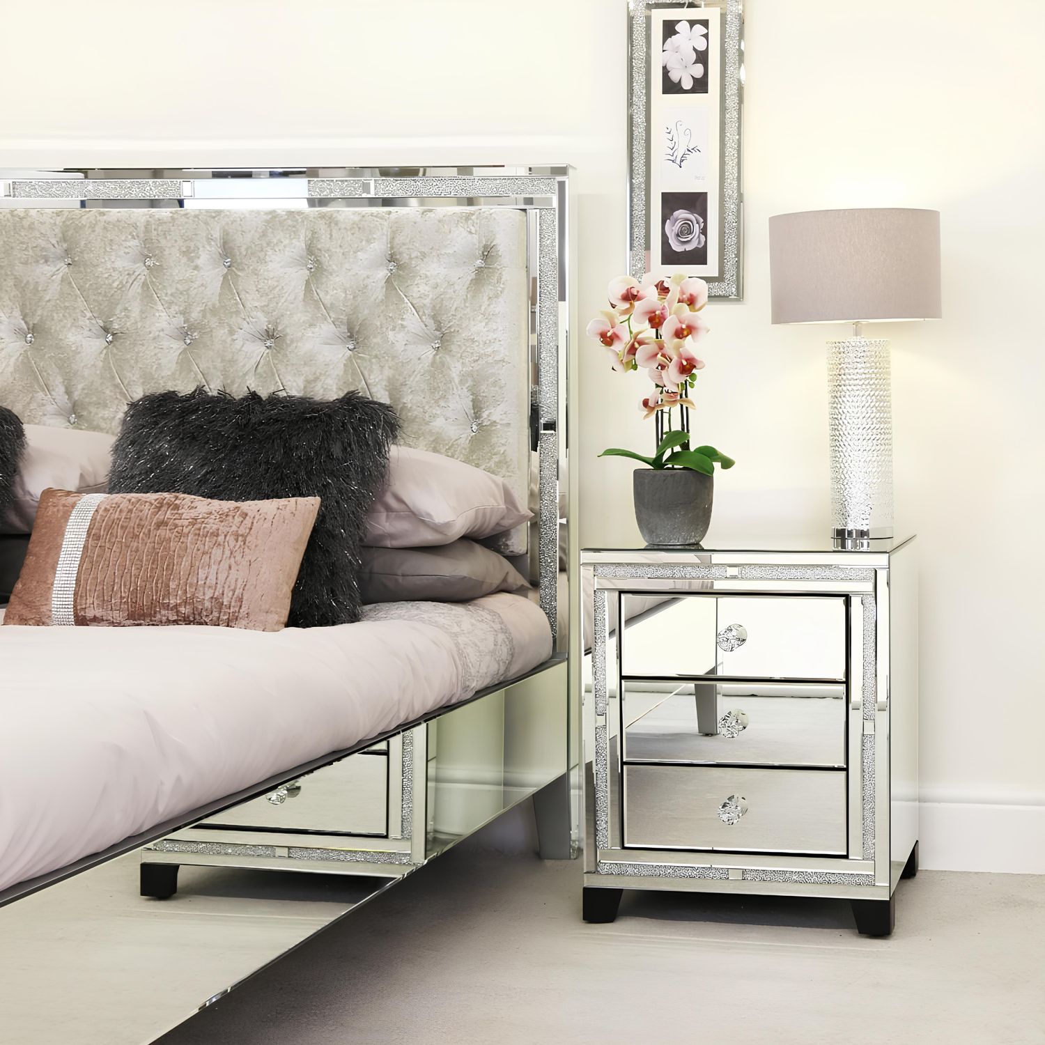 Valencia Mirrored Bedside Table – 3 Drawers – Plain or Crushed Diamond Finish