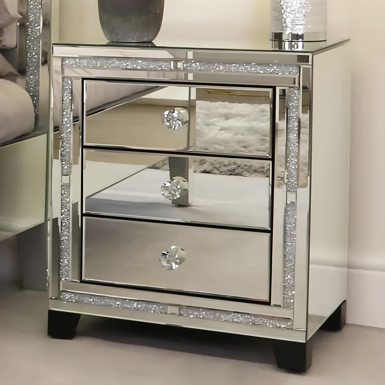 Valencia Mirrored Bedside Table – 3 Drawers – Plain or Crushed Diamond Finish