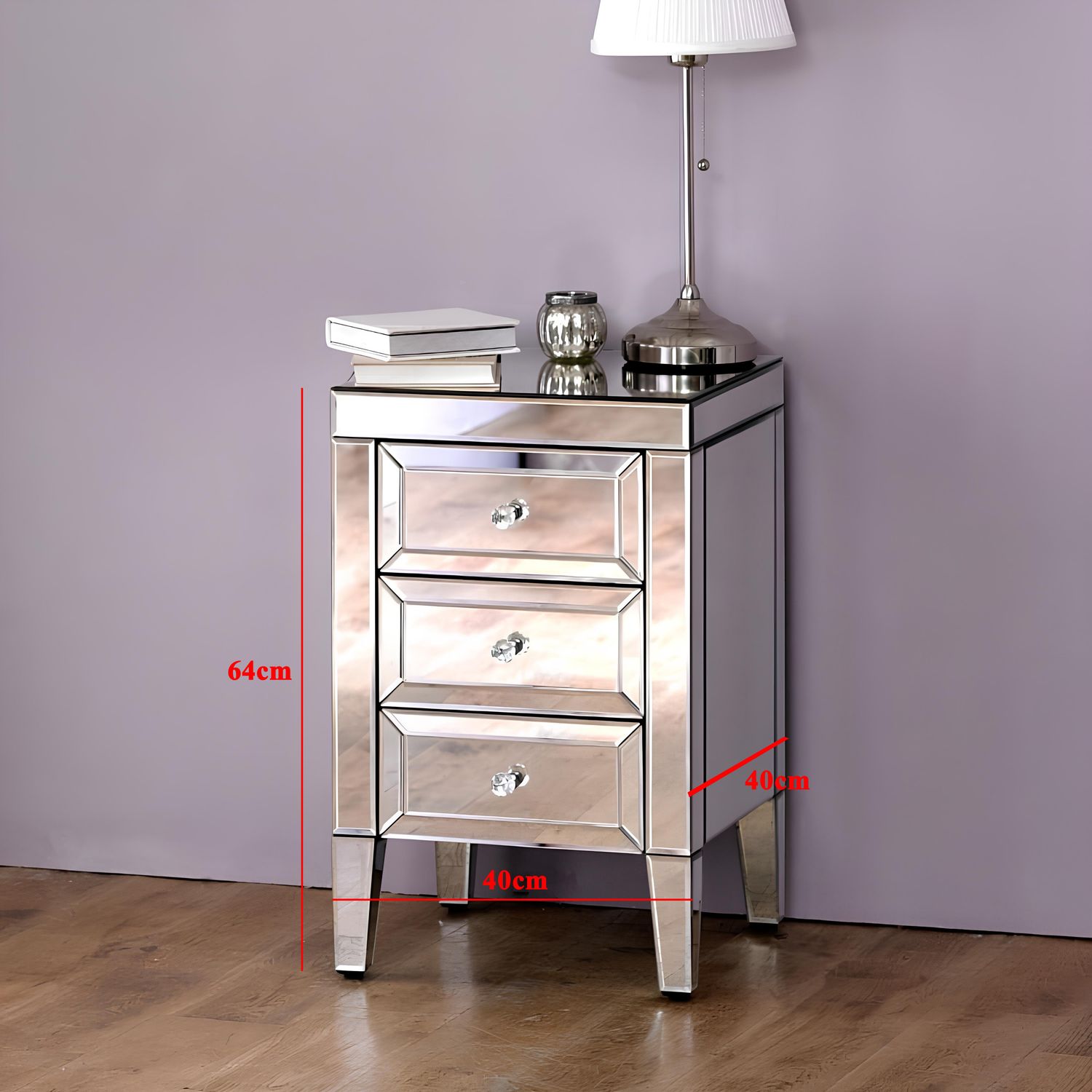 Valencia Mirrored Bedside Table – 3 Drawers – Plain or Crushed Diamond Finish