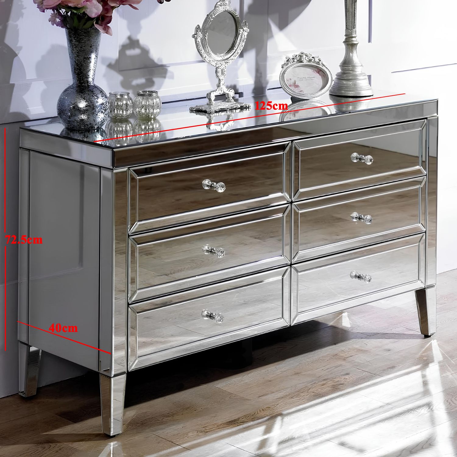 Valencia Mirrored Chest of 6 Drawers – Plain or Crushed Diamond Finish