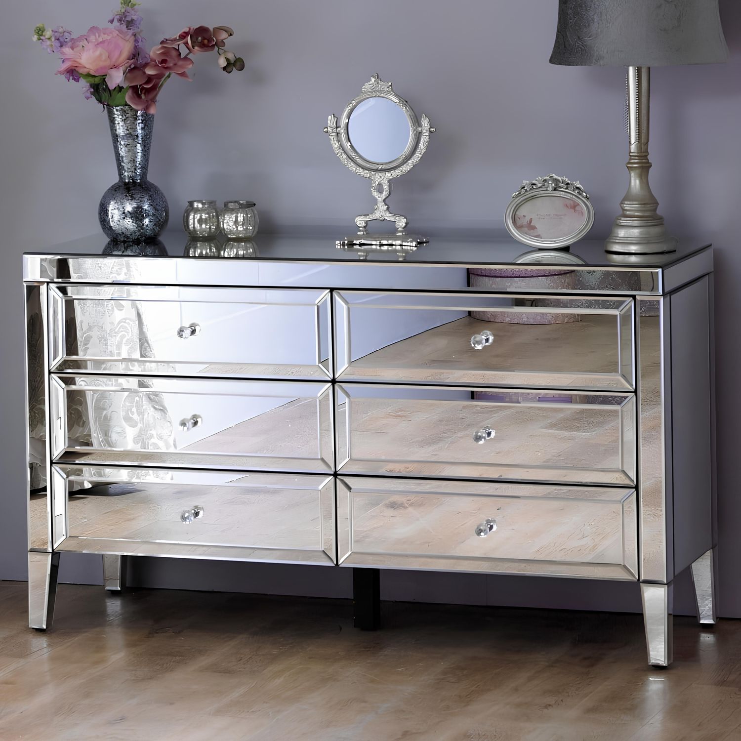Valencia Mirrored Chest of 6 Drawers – Plain or Crushed Diamond Finish