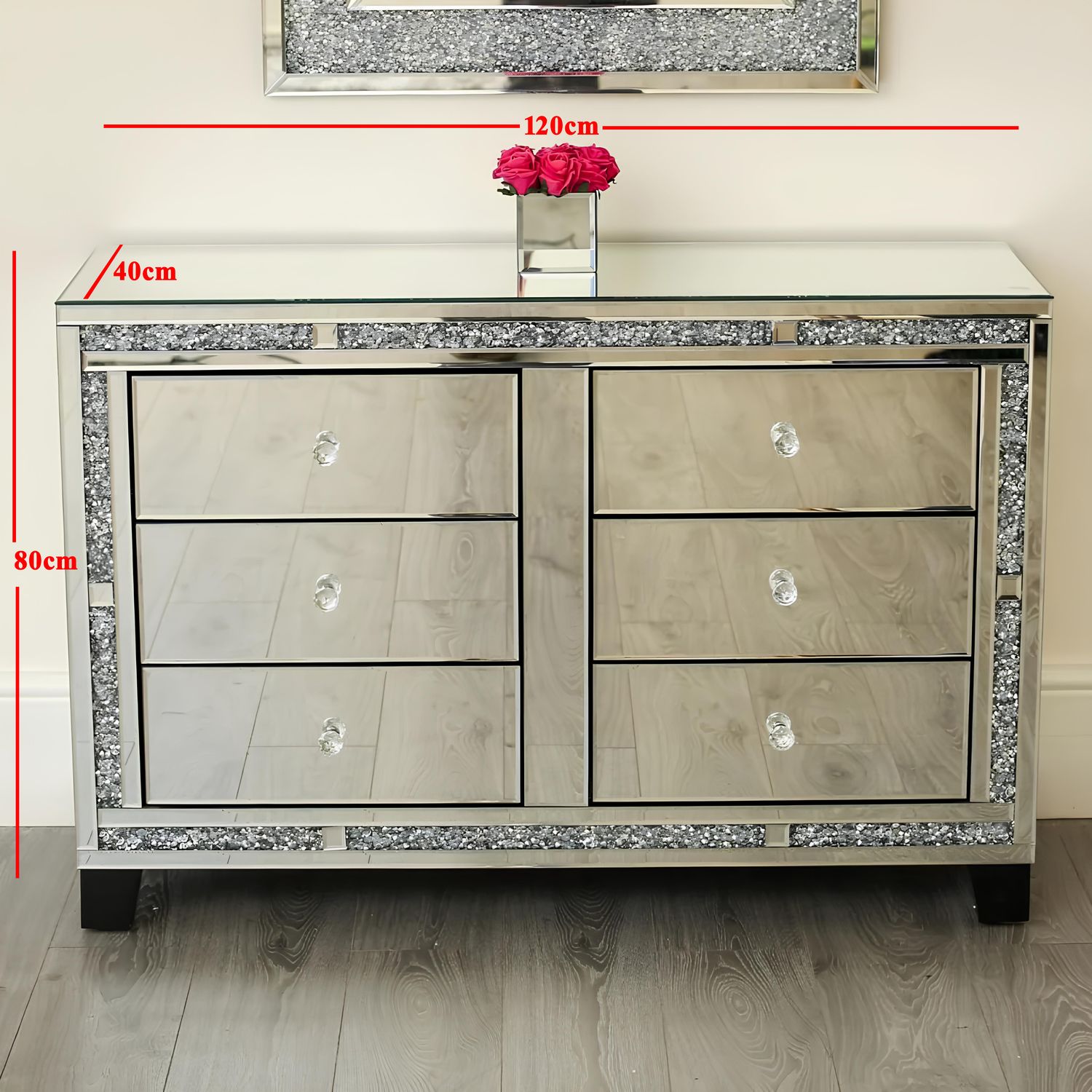 Valencia Mirrored Chest of 6 Drawers – Plain or Crushed Diamond Finish