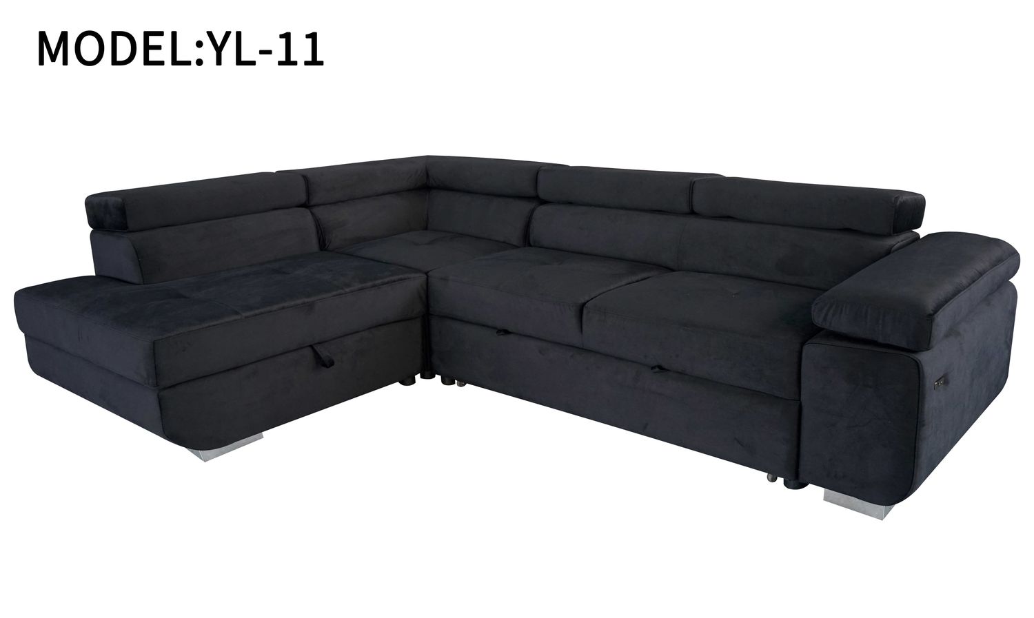 Arlu Corner Sofa Bed with Storage & USB Charging – Pull-Out Double Bed with Adjustable Headrests