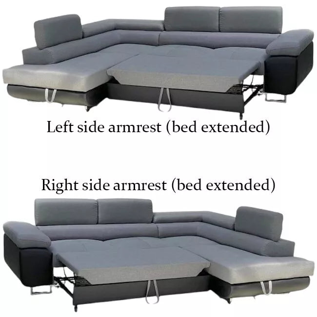 Anton Corner Black/Grey Left and Right Arm Sofa Bed With Storage