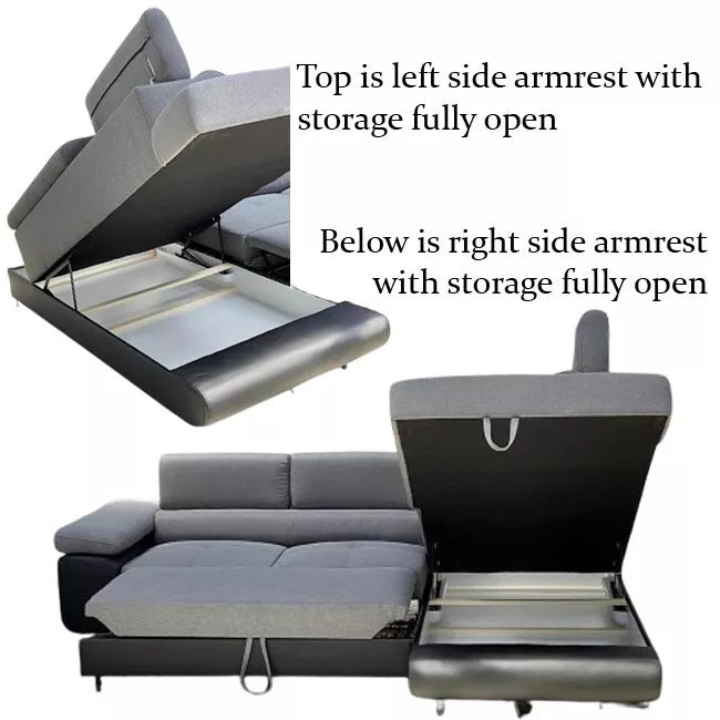 Anton Corner Black/Grey Left and Right Arm Sofa Bed With Storage