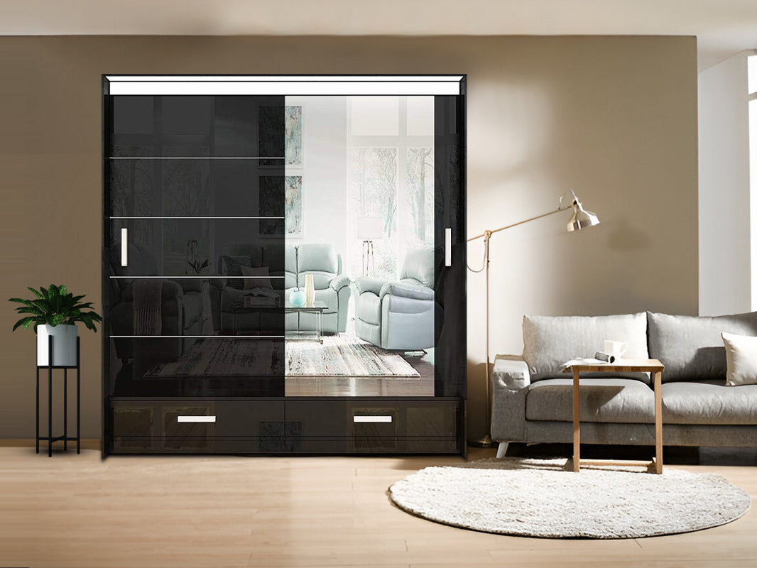 Florence High Gloss Sliding Mirror Wardrobe – Modern Design with Metallic Handles & LED Lights