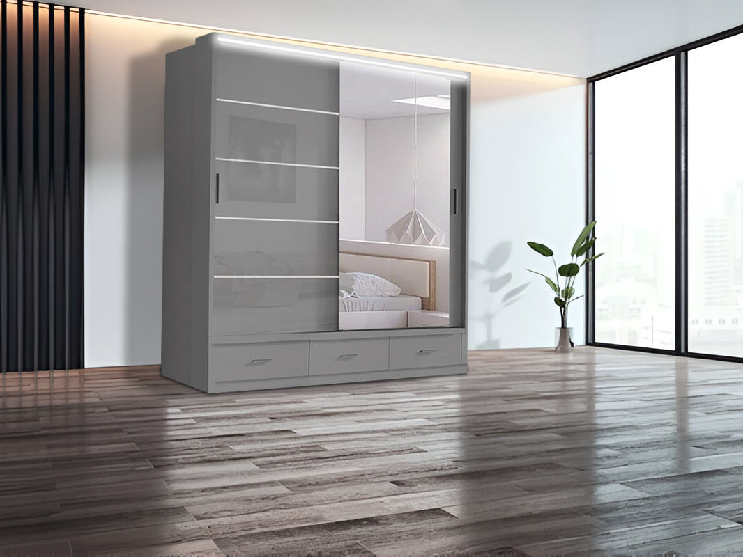 Florence High Gloss Sliding Mirror Wardrobe – Modern Design with Metallic Handles & LED Lights