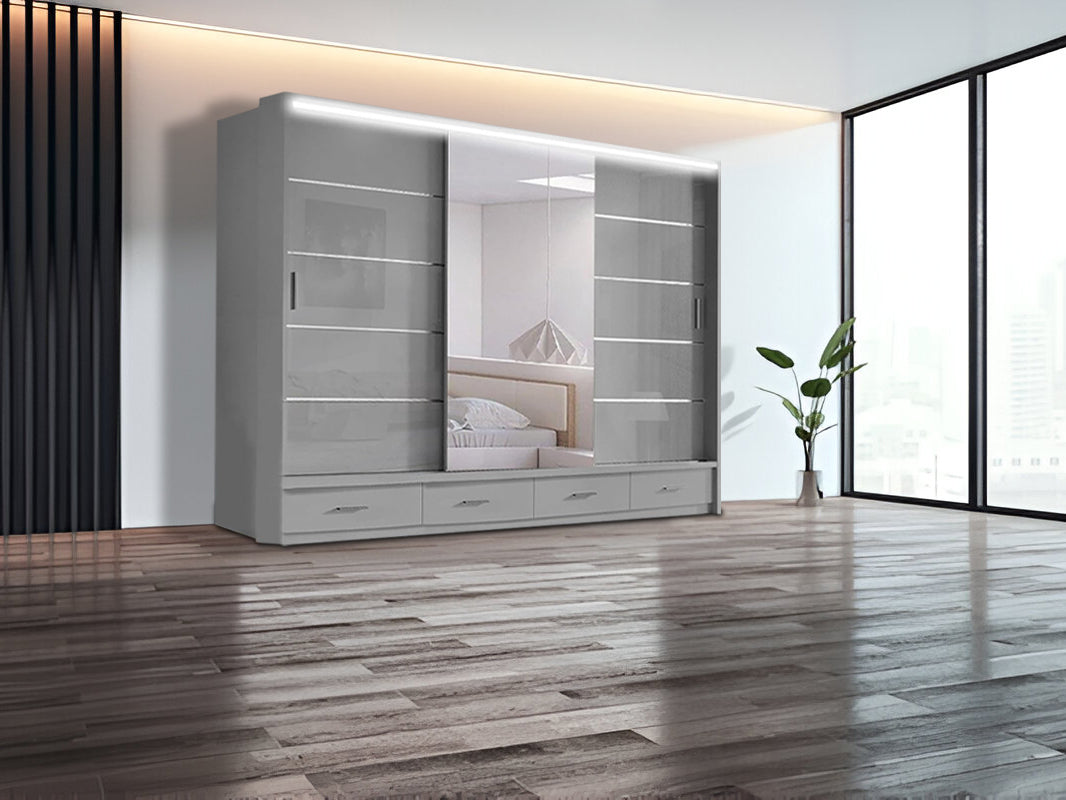 Florence High Gloss Sliding Mirror Wardrobe – Modern Design with Metallic Handles & LED Lights