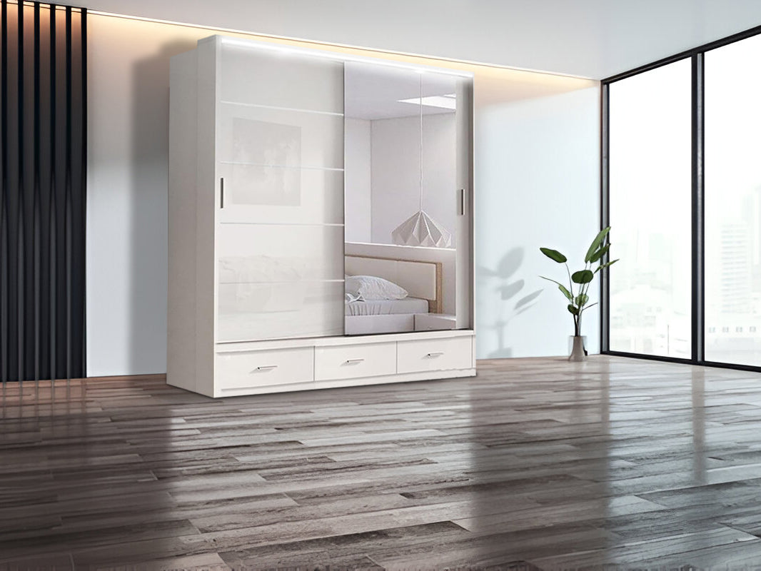 Florence High Gloss Sliding Mirror Wardrobe – Modern Design with Metallic Handles & LED Lights