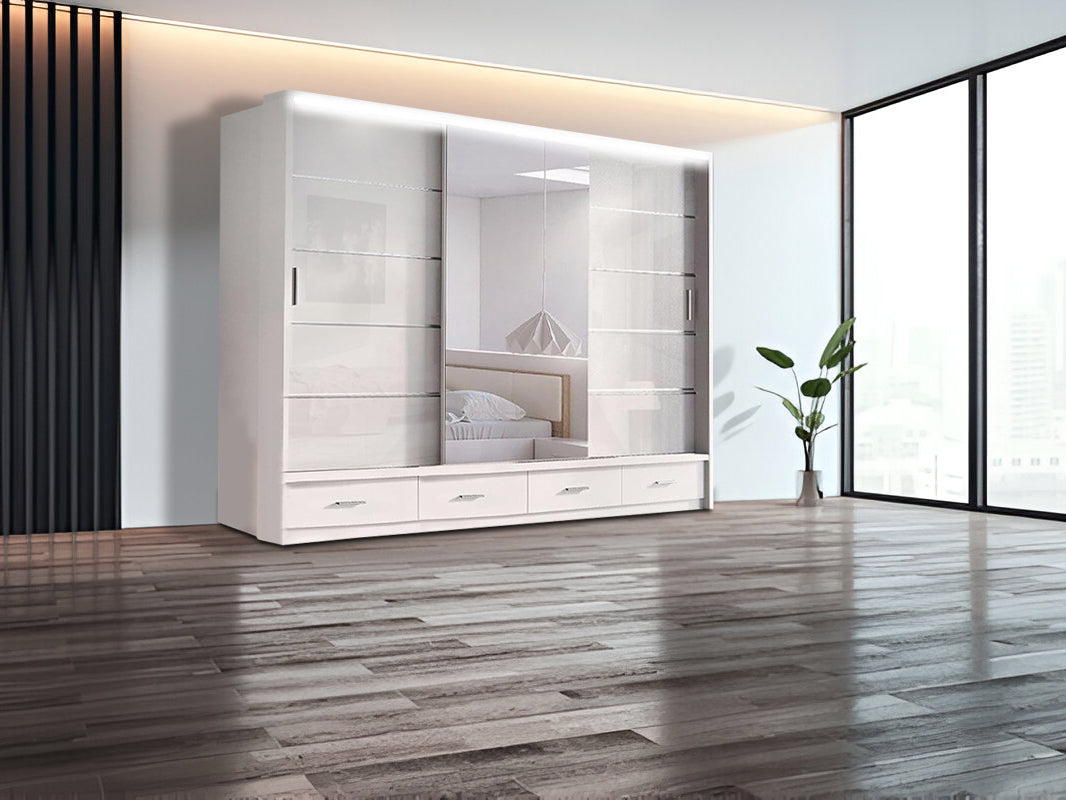 Florence High Gloss Sliding Mirror Wardrobe – Modern Design with Metallic Handles & LED Lights
