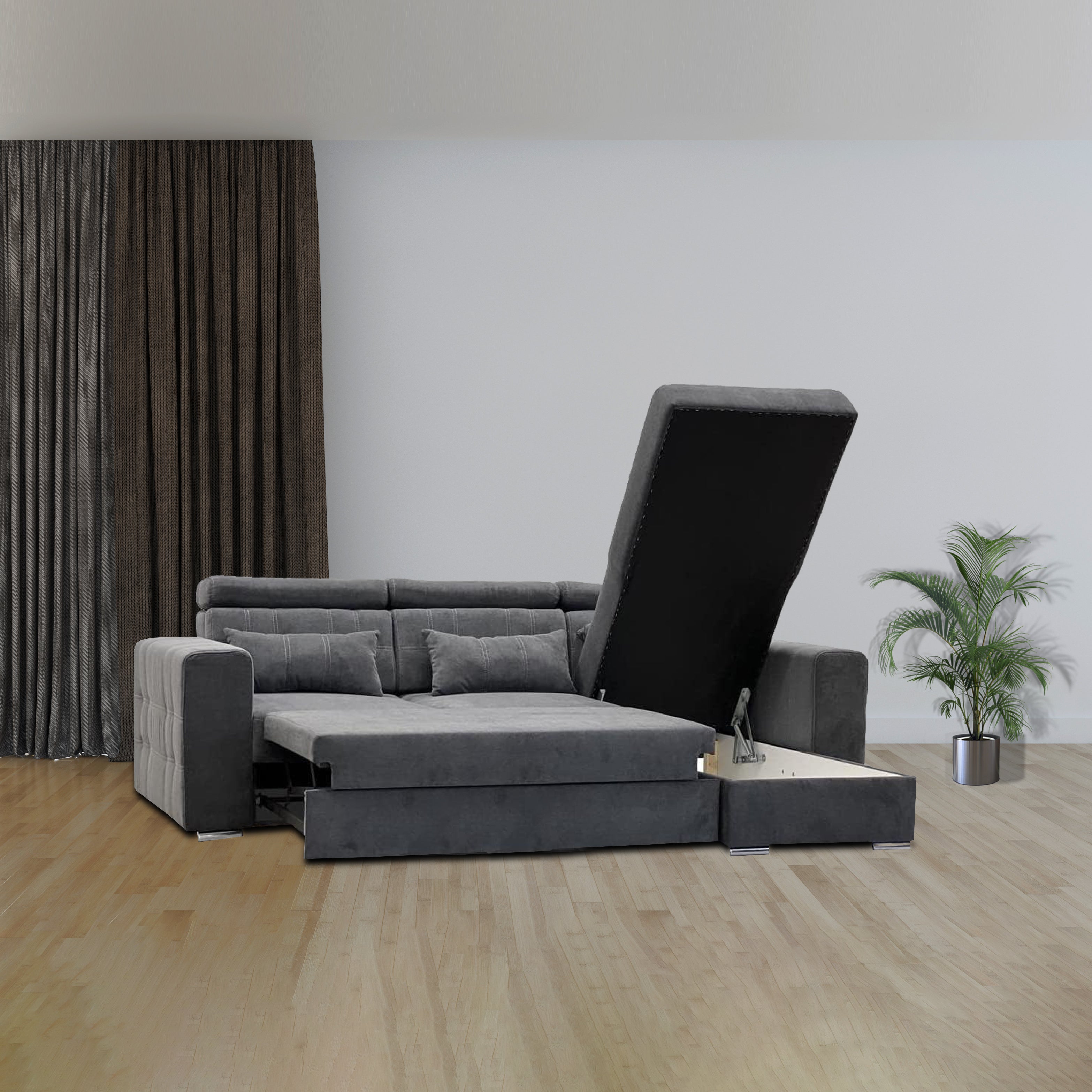Luca Corner Sofa Bed with Storage in Grey & Blue – Modern Design, Adjustable Headrest & Universal Fit