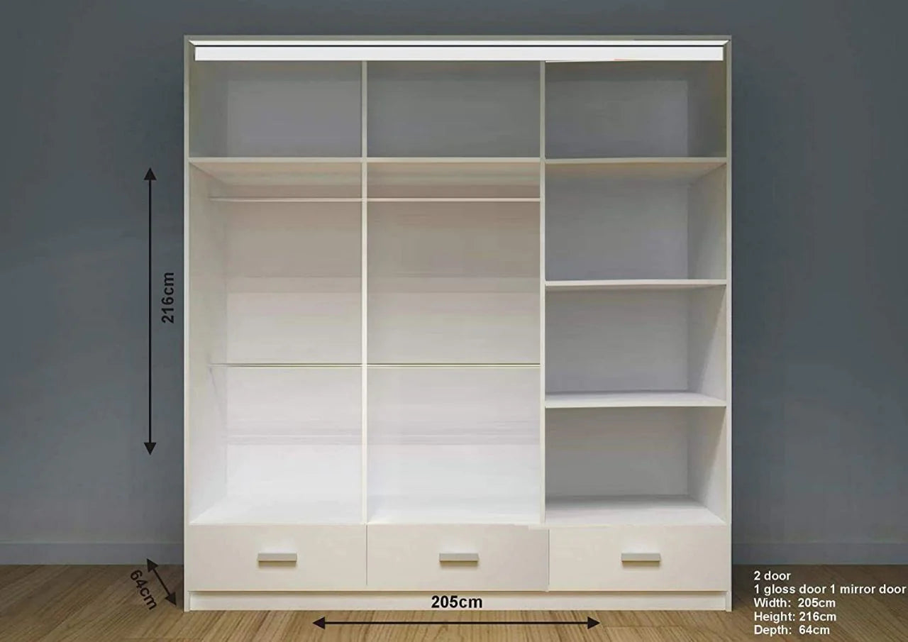 Florence High Gloss Sliding Mirror Wardrobe – Modern Design with Metallic Handles & LED Lights