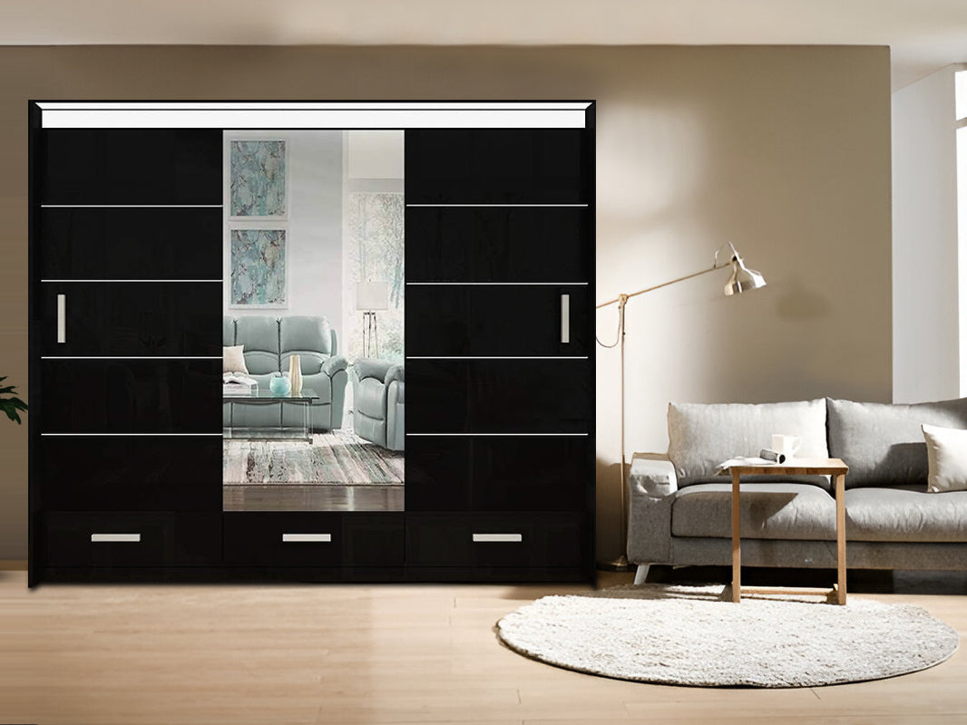Florence High Gloss Sliding Mirror Wardrobe – Modern Design with Metallic Handles & LED Lights